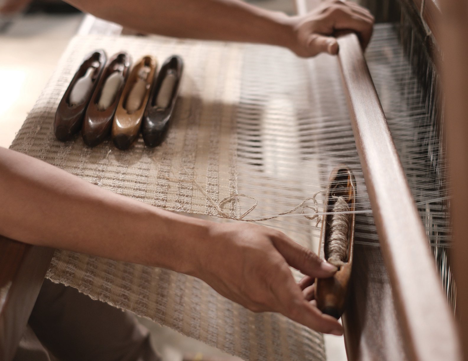 Honeycomb handwoven fabric on loom