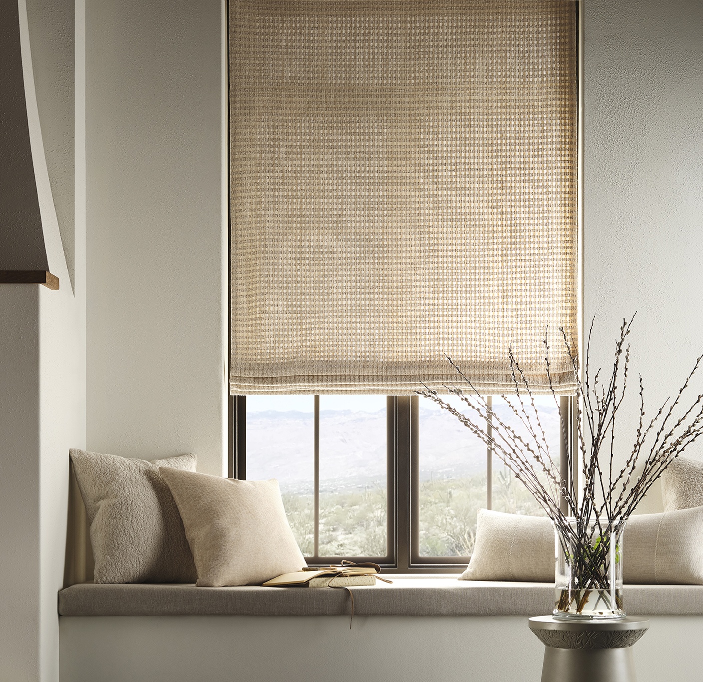 Honeycomb handwoven fabric shade in window